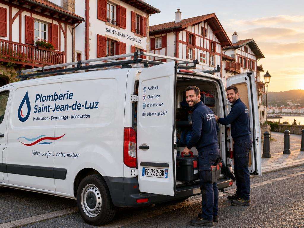 L'équipe Etchegaray Plomberie chargeant sa camionnette devant les façades basques de Saint-Jean-de-Luz