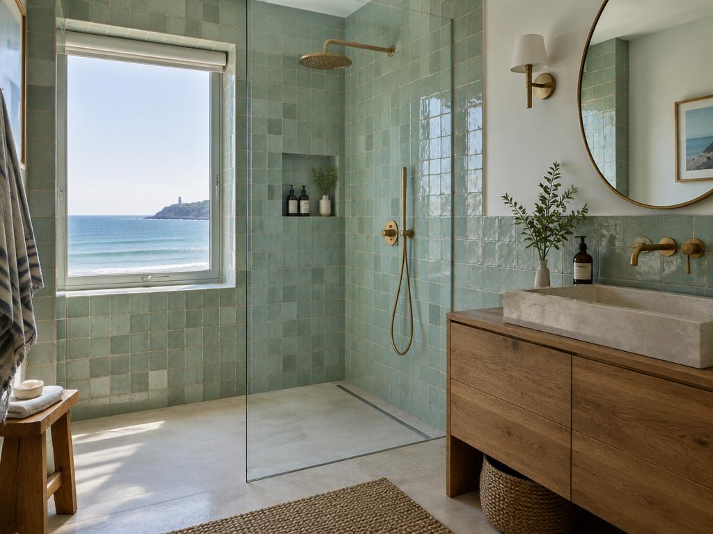 Salle de bain rénovée par Etchegaray Plomberie : douche à l'italienne, zellige vert d'eau et laiton